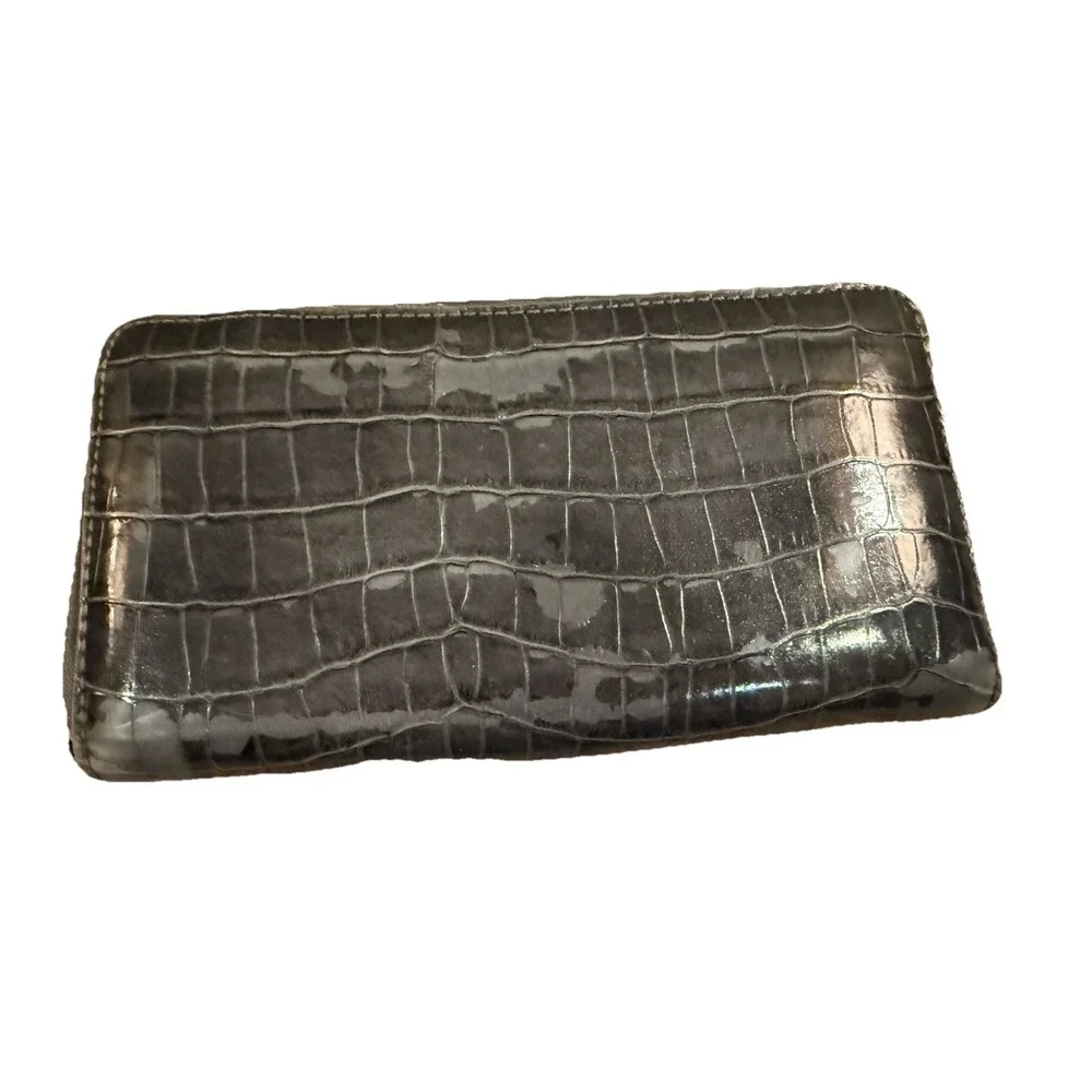 Marc by Marc Jacobs Black Croc Embossed Patent Zip‎ Around Wallet Organizer